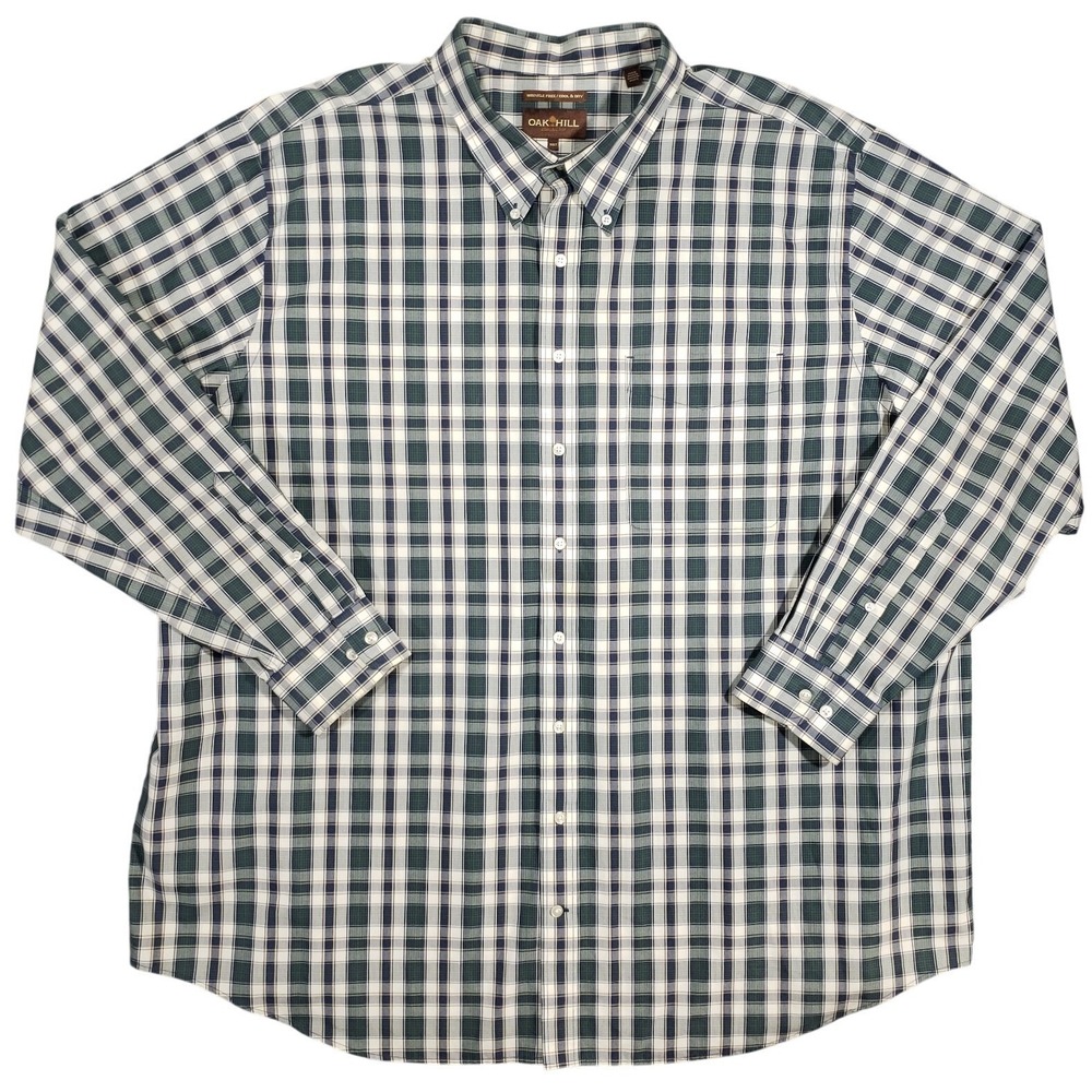 Oak Hill Button Down Shirt Men 3XLT Green Blue‎ Plaid Long Sleeve Wrinkle Free